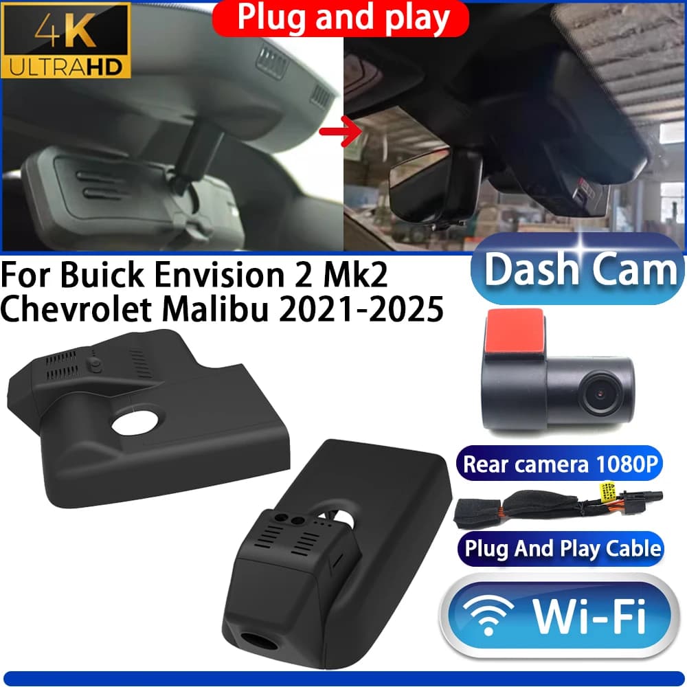 4K UHD DVR camera with Night Vision and Wi-Fi for Buick Envision 2 Mk2 Chevrolet Malibu 2021-2025, Video Plug and Play Recorder