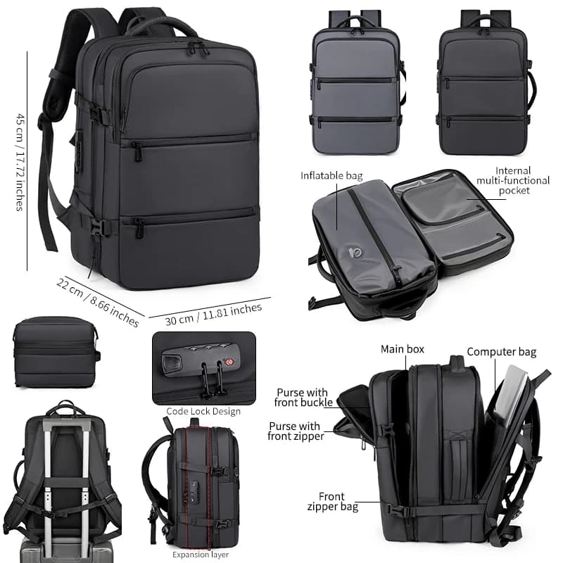 Men's Backpack for Business Trips, Large Capacity, Expandable, Multifunctional Vacuum Compression Travel Backpack for Men