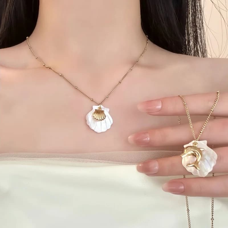 Trendy Dolphin & Shell Necklace, Dainty Gold Tone Chain with MOP Seashell Pendant, Summer Vacation Jewelry