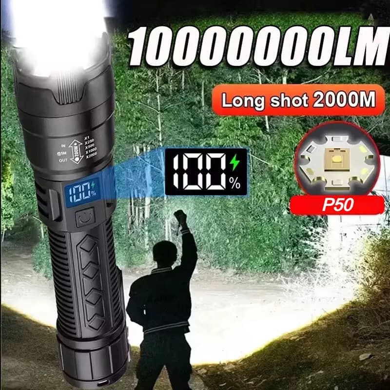 2000LM High Power LED Flashlight, Tactical Flashlight with Bright Display, USB Charging, Zoom Lantern for Camping, Fishing and Emergency