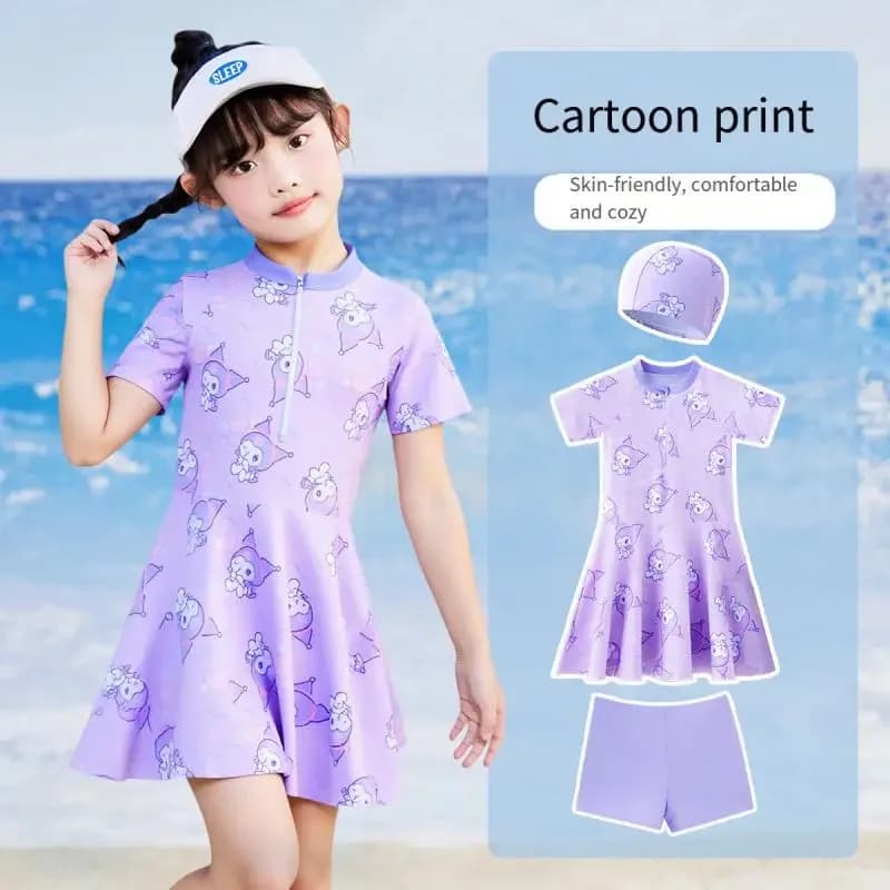 Kuromi Sanrio Swimwear Set, Dress for Girls with Print Cartoon, Summer Clothing for Girls, Swimwear with Fresh skirt and Kawaii