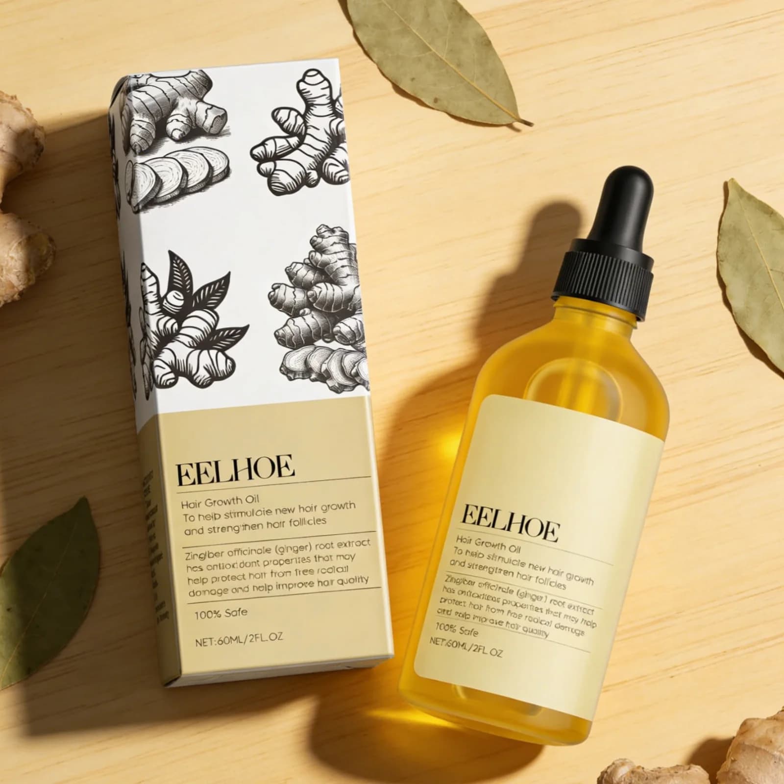 Olio Essenziale Eelhoe per la Crescita dei Capelli con Rosmarino, Zenzero e Olio di Jojoba, Anti-Caduta, Anti-Rottura, Controllo del Crespo, Siero Naturale per Capelli 60ml