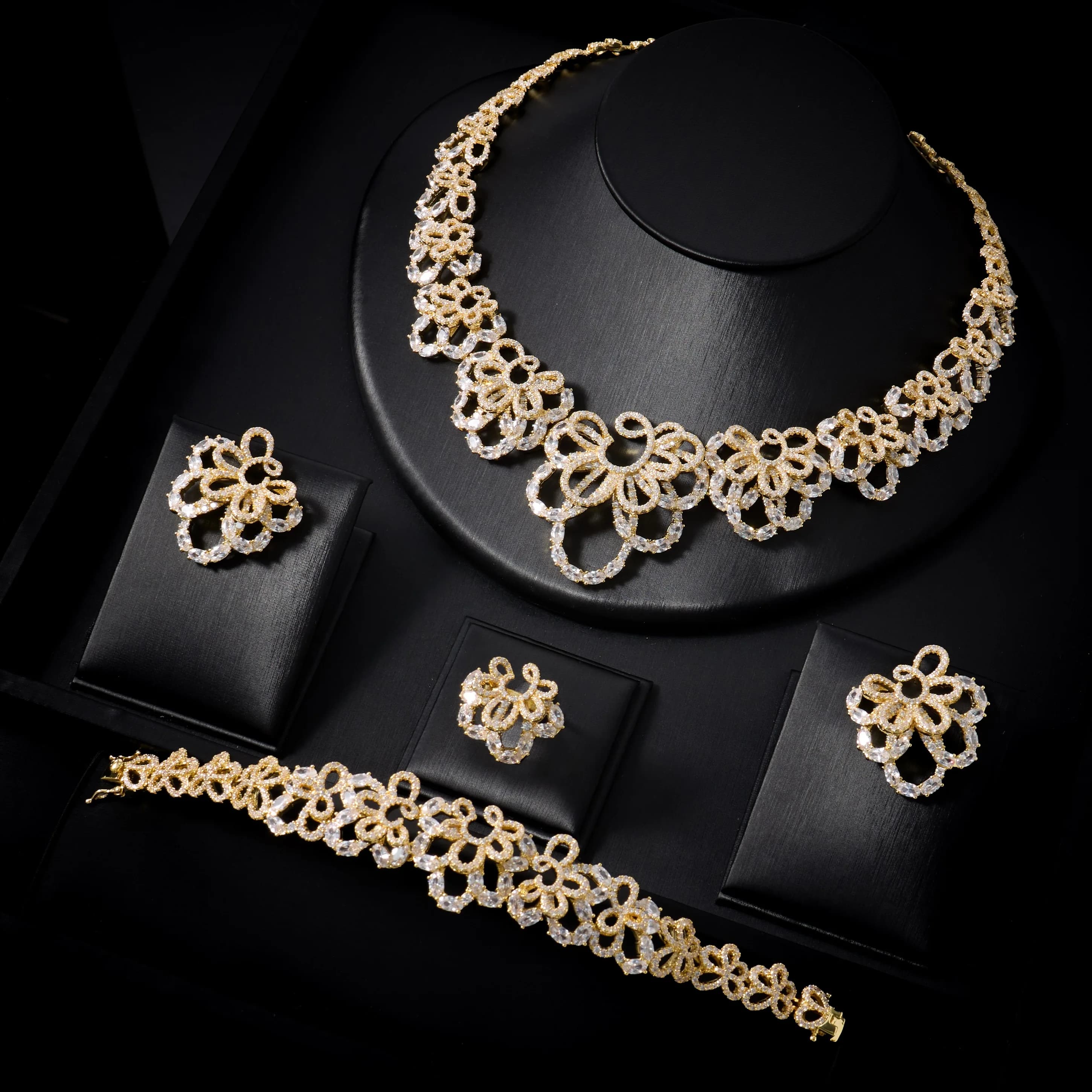 025497 New Trendy 4PCS Color Multi Luxury Flower Jewelry Set For Women Wedding Party Zircon Crystal Dubai Bridal Necklace Gift