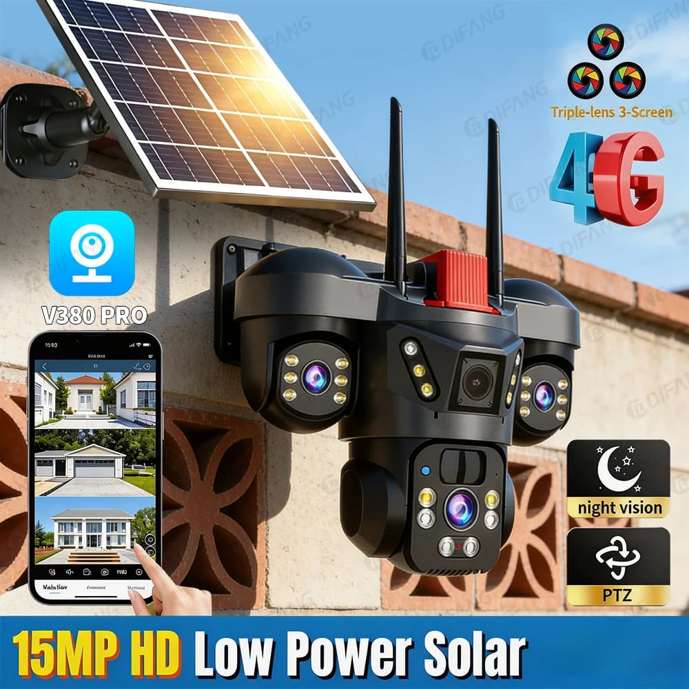 Solar Security Camera WiFi V380 Pro, 3 Screens with Zoom 10X for External, 4G Wireless CCTV with SIM Card Support, Automatic Monitoring
