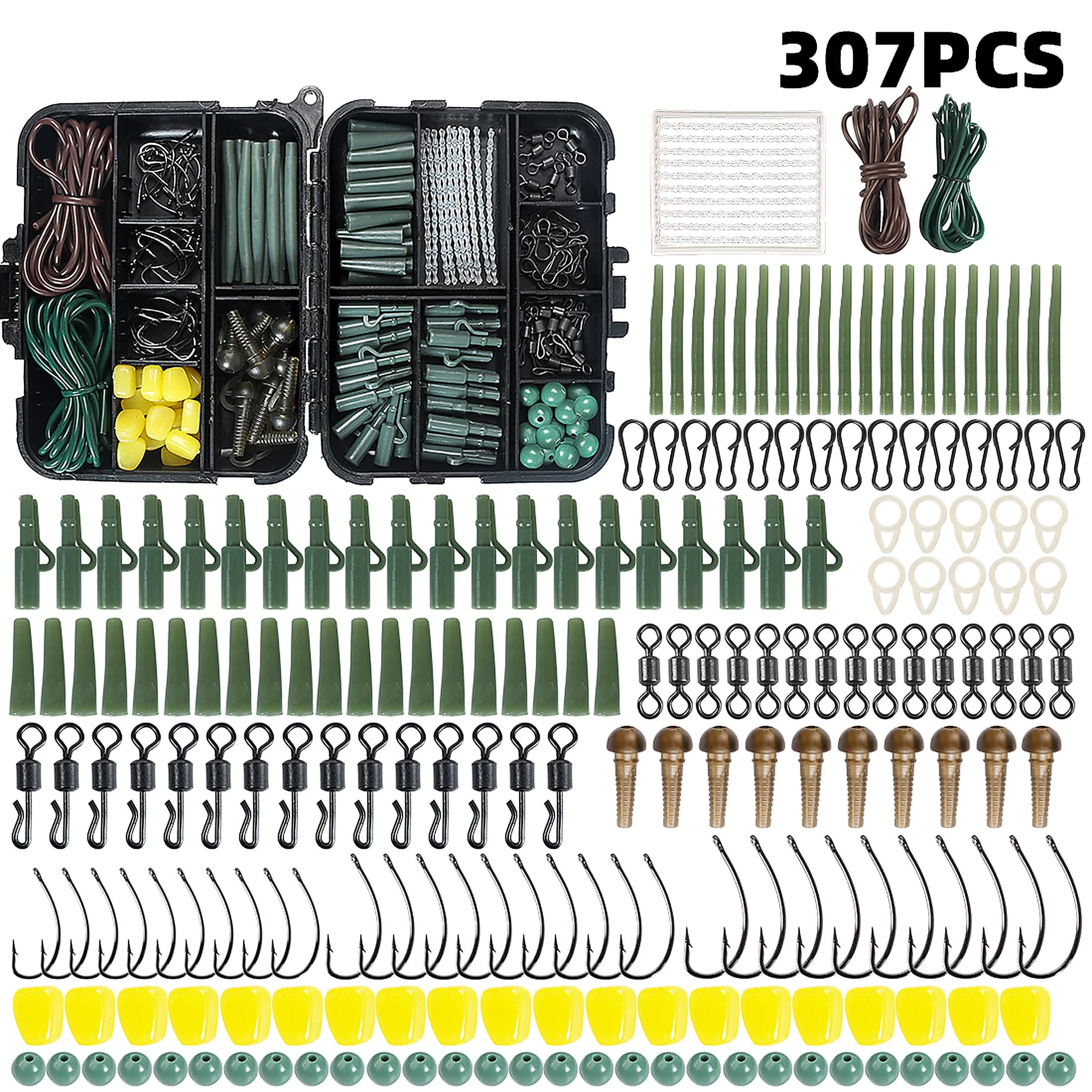 307PCS Carp Fishing Tackle Kit with Hooks Swivels Beads Corn Bait Stops Anti Tangle Sleeves Rig Accessories Storage Box