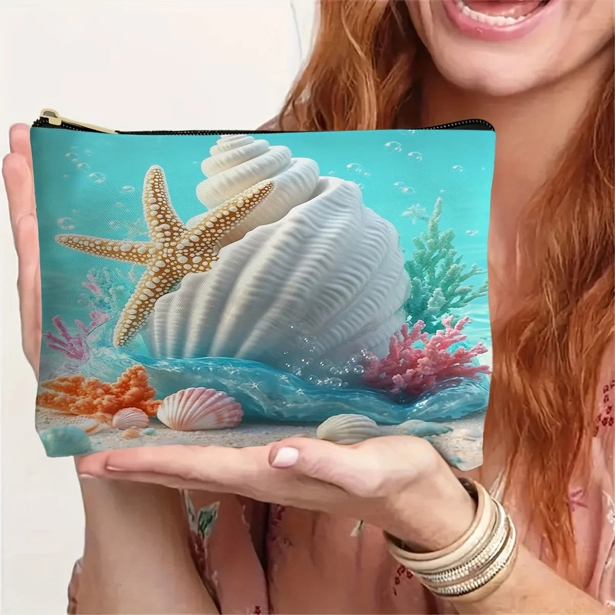 1 beach star fish cosmetic bag, cute travel storage box, bright marine life design, hand washable, perfect for beaches and travel essentials, beach accessories, bright prints, durable cosmetics, beach