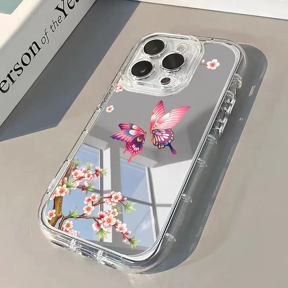 Chinoiserie Butterfly Silver Mirror Phone Case For iPhone 17 Air 15 Pro Max 17 16 14 13 12 11 8 Plus Pro SE2 XR X Max Soft Cover