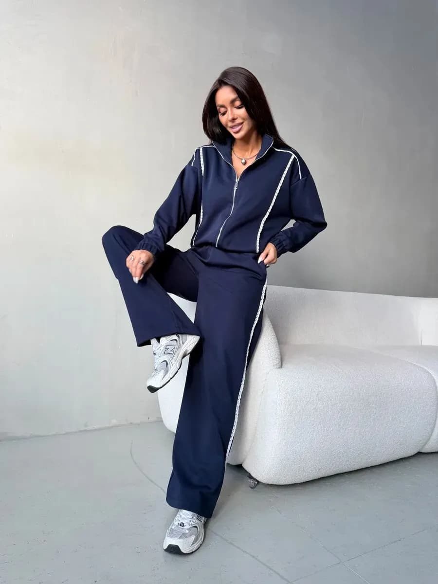Casual Loose Women's Short Zipper Jacket Lace Patchwork Sports Suit with Trousers High Waist Elastic Band Spring Fashion Set