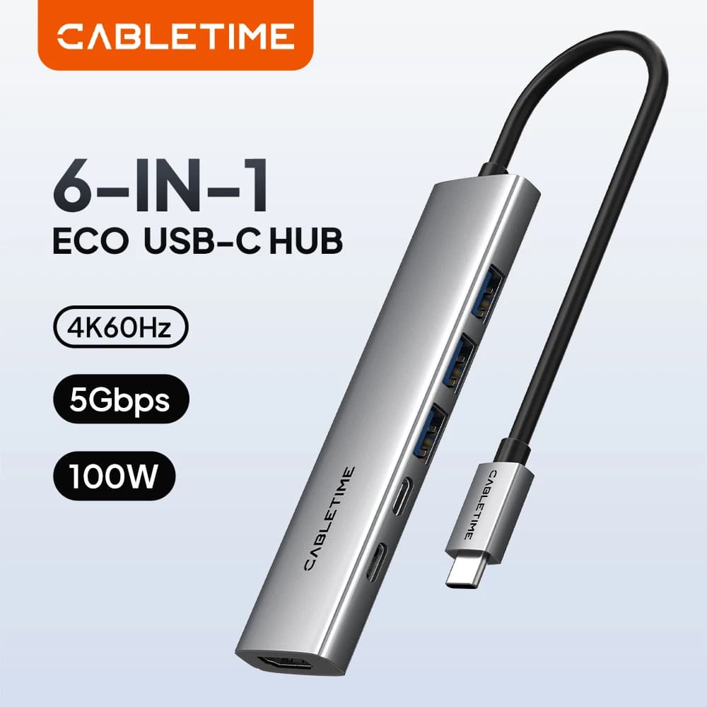 CABLETIME Hub USB Type-C 6-in-1 con HDMI 4K 60Hz, Lettore Schede SD/TF, Adattatore di Ricarica Rapida PD per MacBook Pro/Air, Splitter USB-C