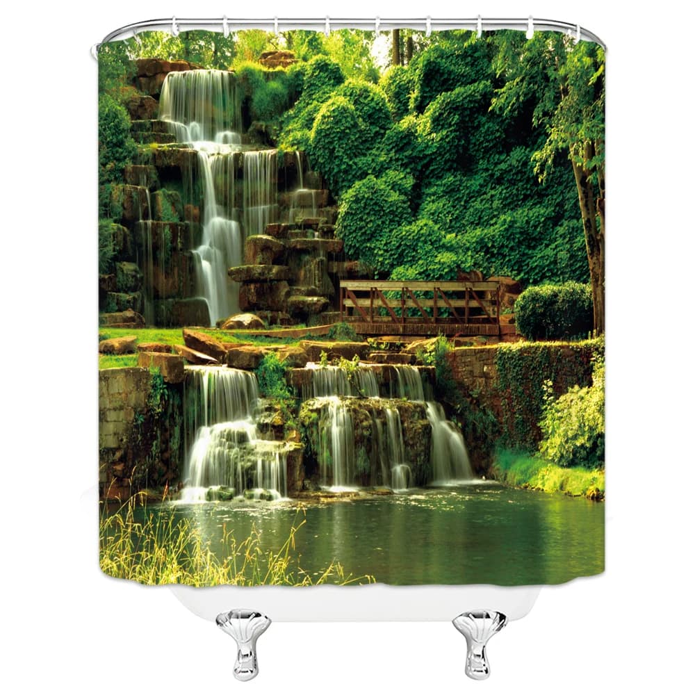 Scenario naturale Cascata Tenda da doccia Pianta Lago Fiume Paesaggio Bagno Decor Bagno Tenda in tessuto di poliestere impermeabile