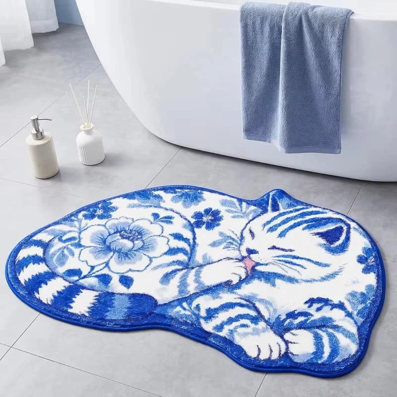 VIKAMA Blue Cat Bathroom Mat Entryway Rug Non-Slip Washable Threshold Carpet Home Decor