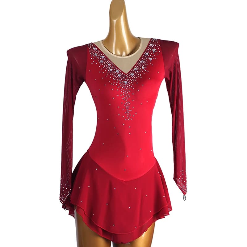 Abito da pattinaggio di figura Abito da pattinaggio su ghiaccio per ragazza da donna Costume da ginnastica ROSSO per bambini taglia B167