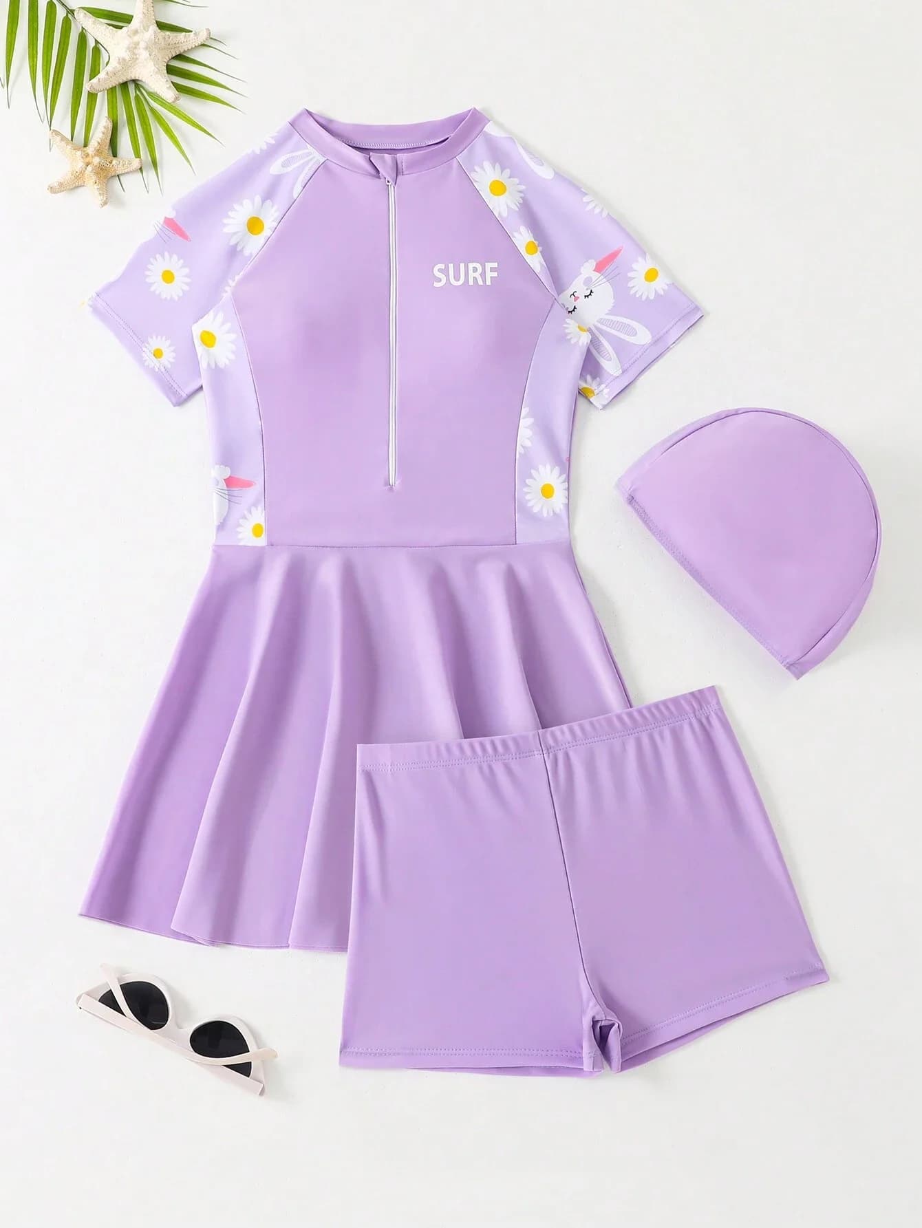 Set da bagno 3 pezzi da donna: Rash Guard, gonna, pantaloncini e cappello da nuoto