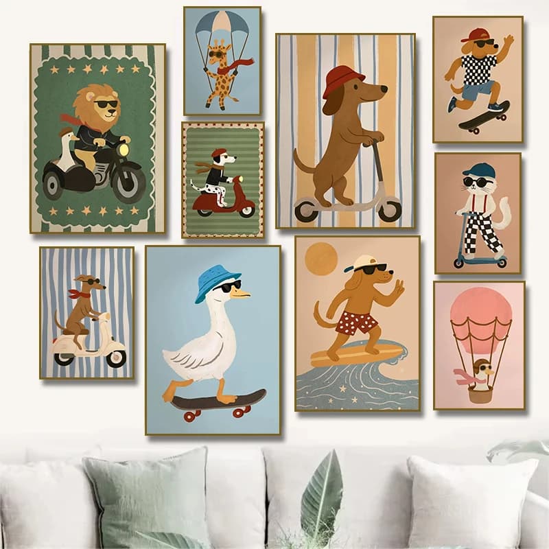 Cute Skateboard Dog Dachshund Duck Goose Hot Air Balloon Canvas Painting Prints Poster Cartoon Funny Animal Nursery Home Decor
