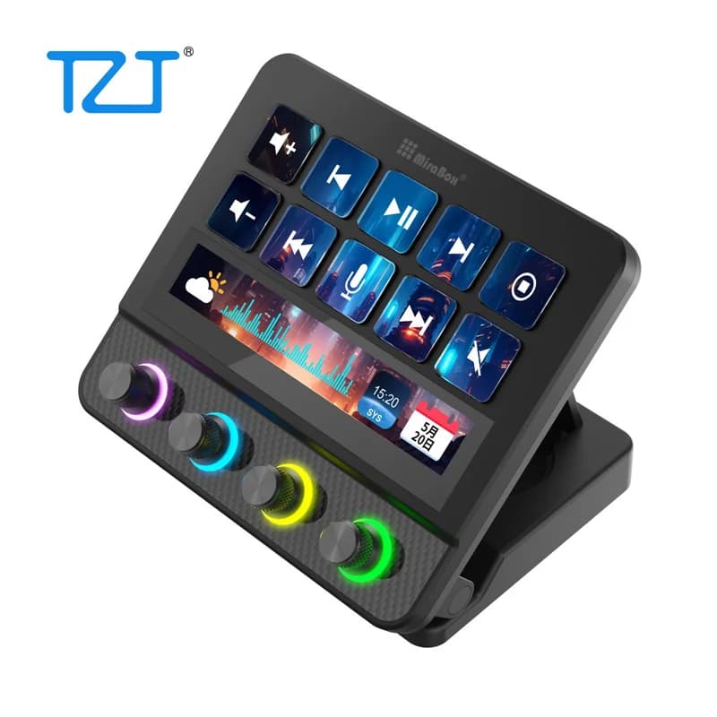 TZT MiraBox Nero/Bianco N4 Pro Stream Deck Tastiera Visuale Personalizzata con Supporto Regolabile 0-60 Gradi, Manopola RGB e Barra Touch