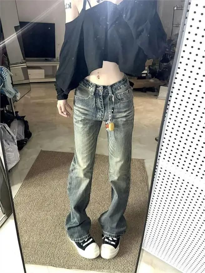 Retro American Straight Leg Distressed Jeans Women's Autumn Winter High Street Loose Slim Wide Leg Pants Standard Fit Medium ...