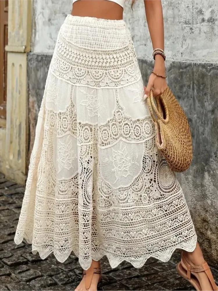 Nuova Gonna Estiva in Pizzo all'Uncinetto, Gonna Lunga a Linea A per Donna, Gonna Boho Fluida per Spiaggia e Vacanze
