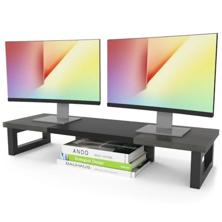 Supporto per Monitor Doppio in Legno e Acciaio, Rialzo per Monitor, Supporto per 2 Monitor, Organizzatore da Scrivania Multifunzione
