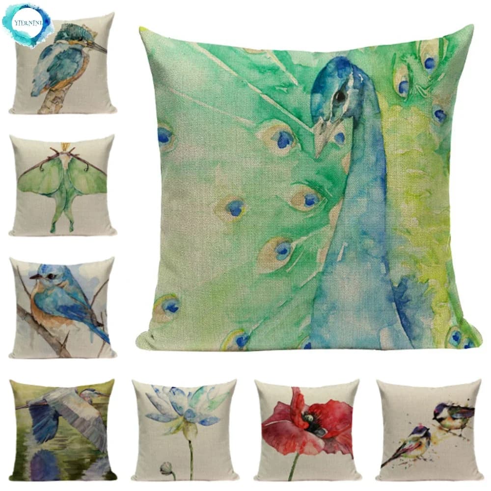 Cotone lino decorativo divano copre acquerello pianta uccello lombare fodere per cuscini cuscino Home Decoration federa 45X45CM