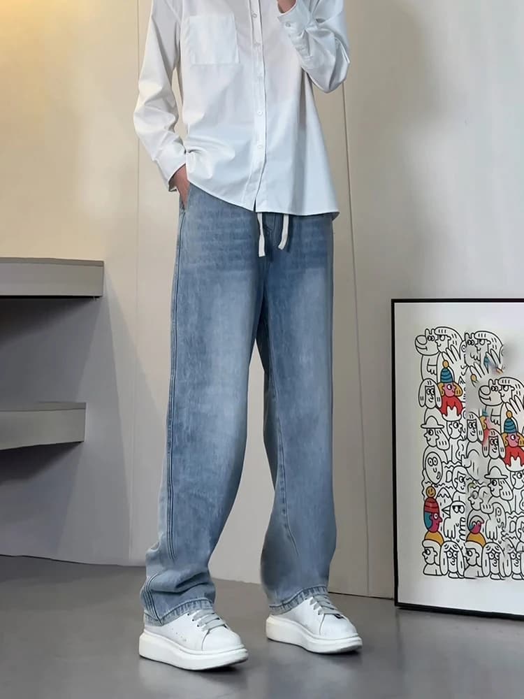 Light Blue Elastic Waist Jeans Men's Summer Slim Straight American High Street Vibe Knife Flared Pants Youth Trend