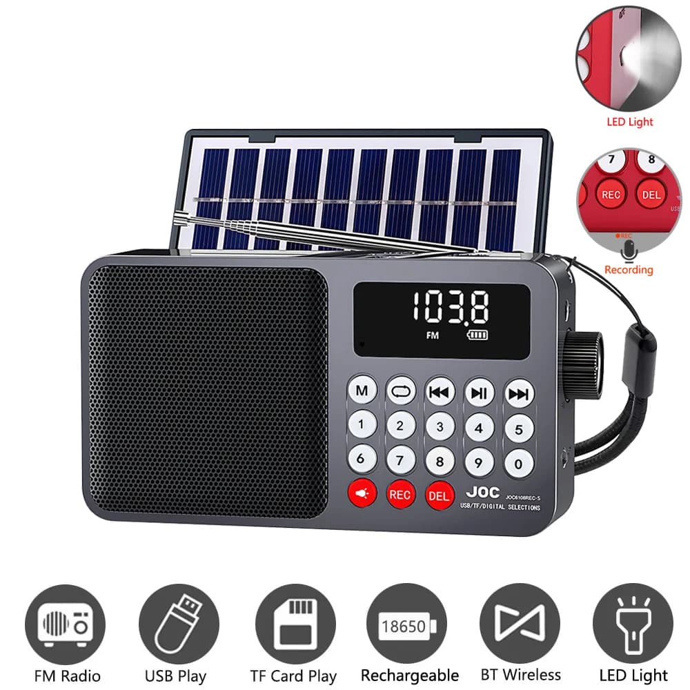 Radio FM portatile solare Altoparlante Bluetooth ricaricabile Scheda TF USB Lettore musicale MP3 con registrazione Ricevitore FM radio a luce LED