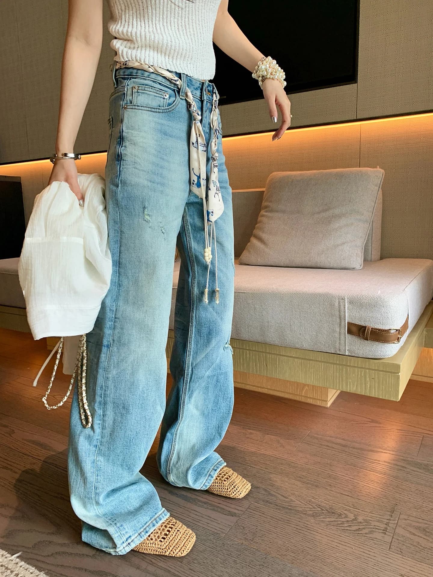 Jeans to Gamba Women's Larga Spring 2026 New Vintage Style with Strappi Straight Leg Pants with Silk Belt Denim Active fit with Hinge
