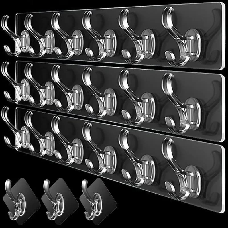 Ganci adesivi trasparenti a 6 file per bagno, guardaroba, vestiti, cappelli, scaffali per cucina domestica, accessori
