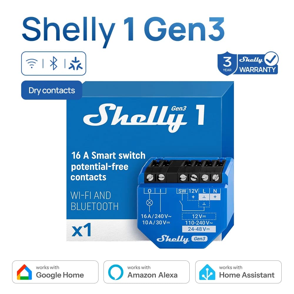 Shelly 1 Gen3 Contact Smart Switch Bluetooth WiFi Dry With Relay, Support Low Voltage and Overtemperature Protection