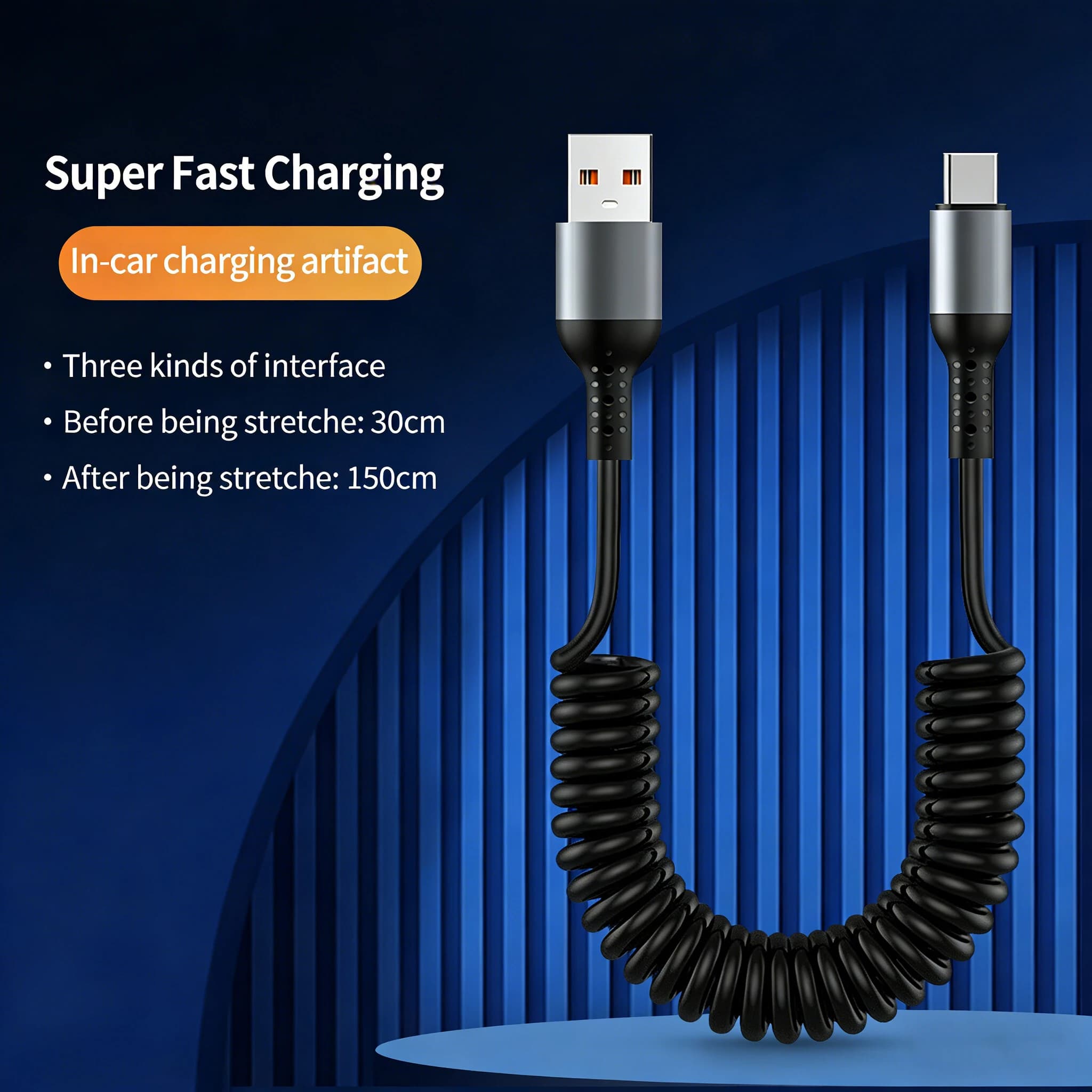 Retractable Coiled USB A to Type C Fast Charging Cable Compatible with iPhone 17/16 Pro Max,CarPlay & More USB C Devices