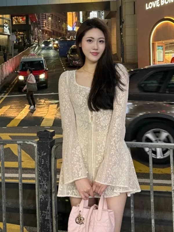 Elegant Moonlight Lace Dress with Bell Sleeves Slimming Waist High Waist A-Line Skirt Long Sleeve Gentle Style Women's Dress