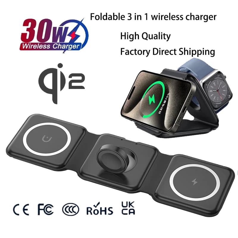 Stazione di ricarica pieghevole magnetica universale Qi2 Caricatore da viaggio 30w per iPhone Samsung Xiaomi OPPO Caricatore wireless 3 in 1