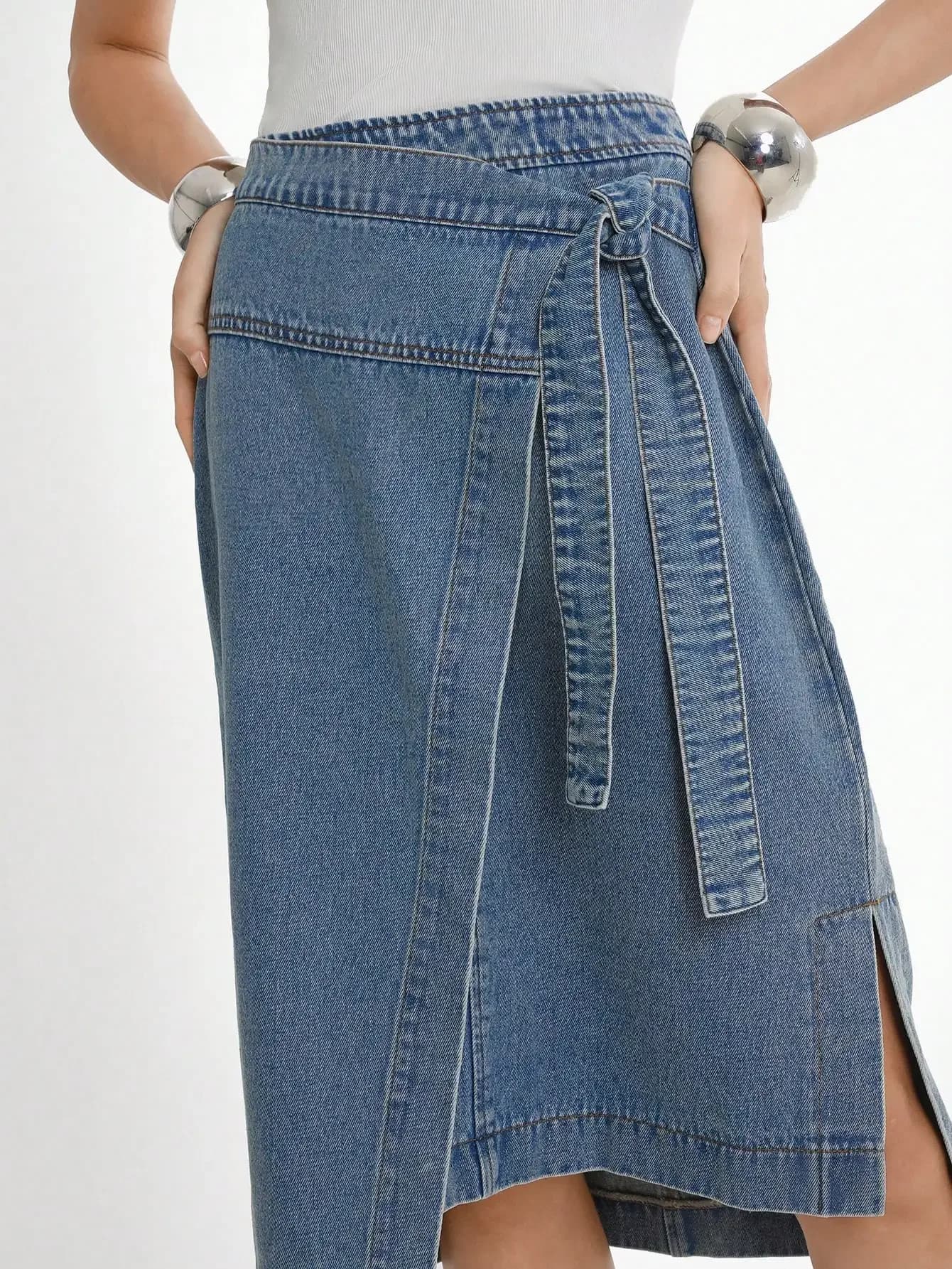 Women's Asymmetrical Wrap Denim Midi Skirt with Side Slit and Tie Waist