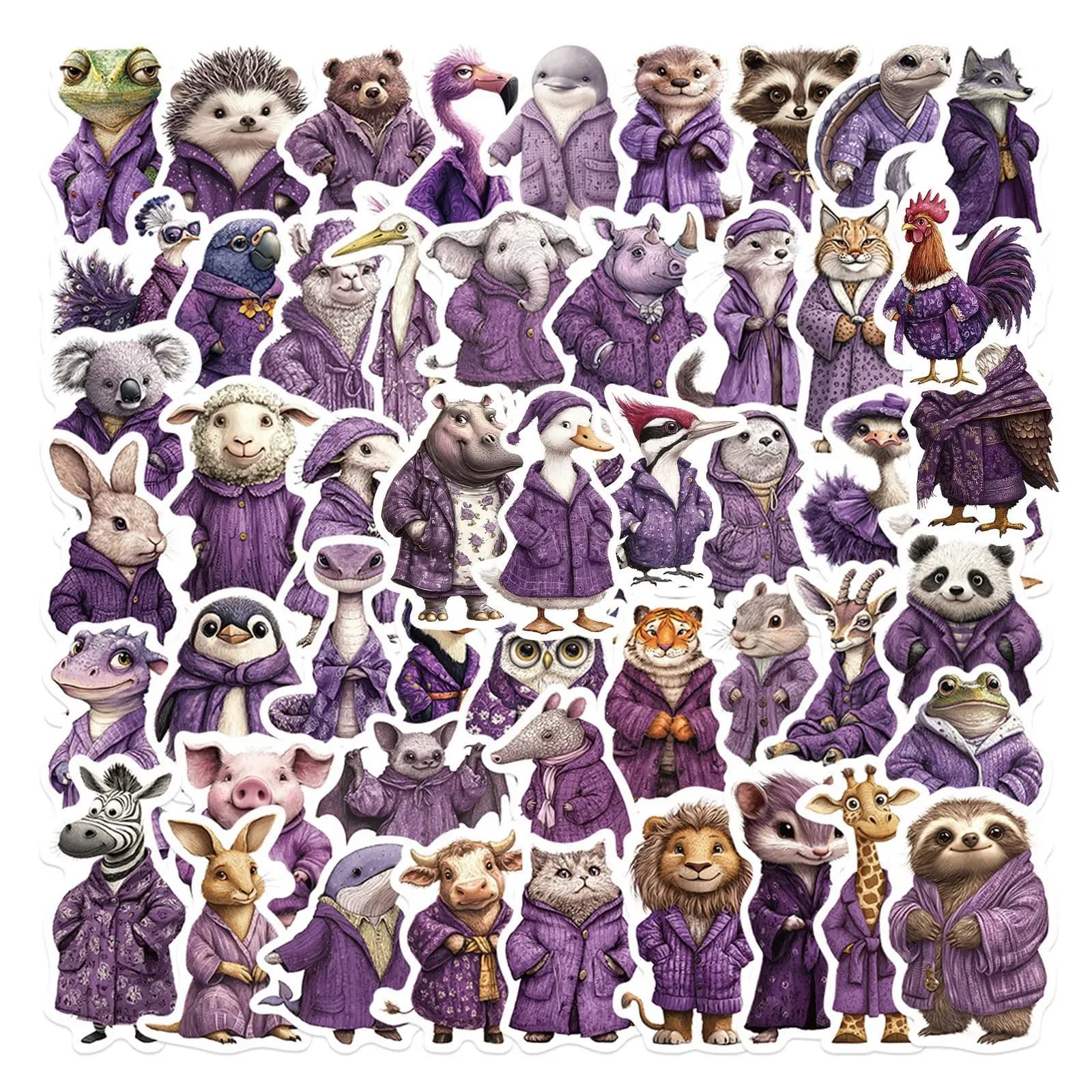 50 Pezzi Adesivi Impermeabili con Animali Carini Viola: Scoiattolo, Pollo, Leone e Vari Animali per Scrapbooking, Valigie e Telefoni