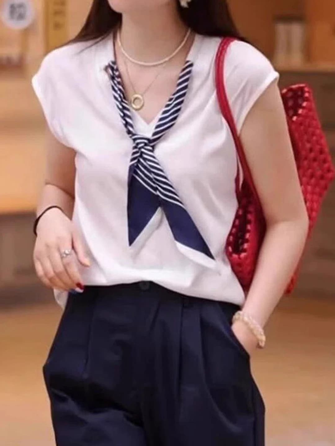 Korean Style V-Neck Short Sleeve T-Shirt Women Summer plus Size Loose Casual Slimming Top Silk Scarf Fashionable Commute Wind