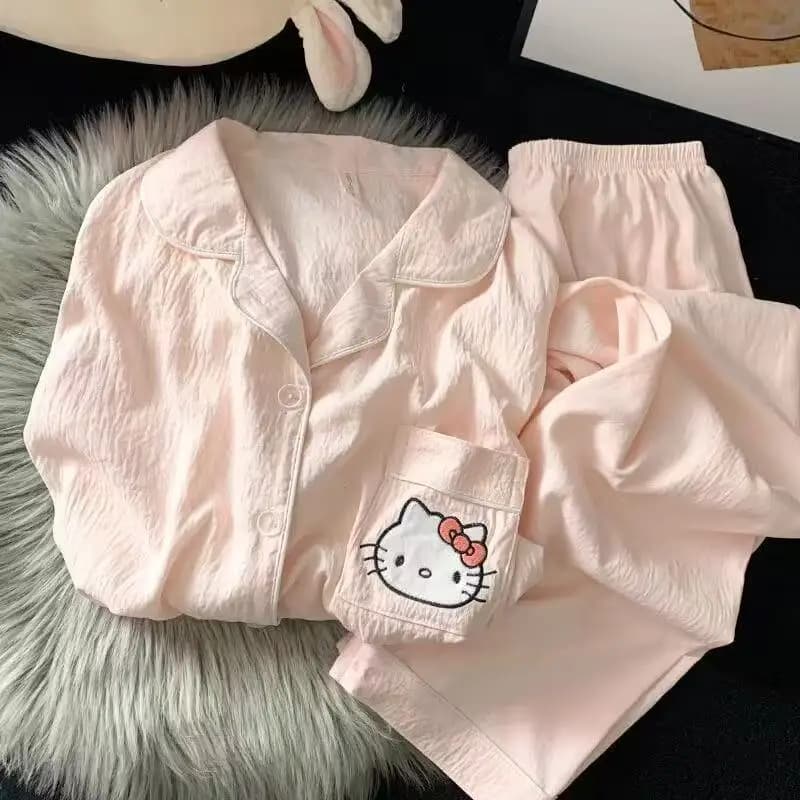 Women Hello Kitty Embroidered Lapel Pajama Top White Sleep Shirt Cute Casual Home Wear Perfect Birthday Gift for Teen Girls