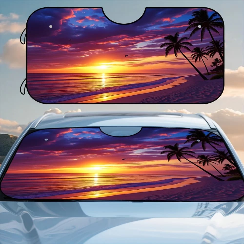 1pc Car Windshield Sun Shade With Tropical Palm Tree & Sunset Beach Design - Pink Purple Blue Orange Yellow Ombre Privacy Visor,