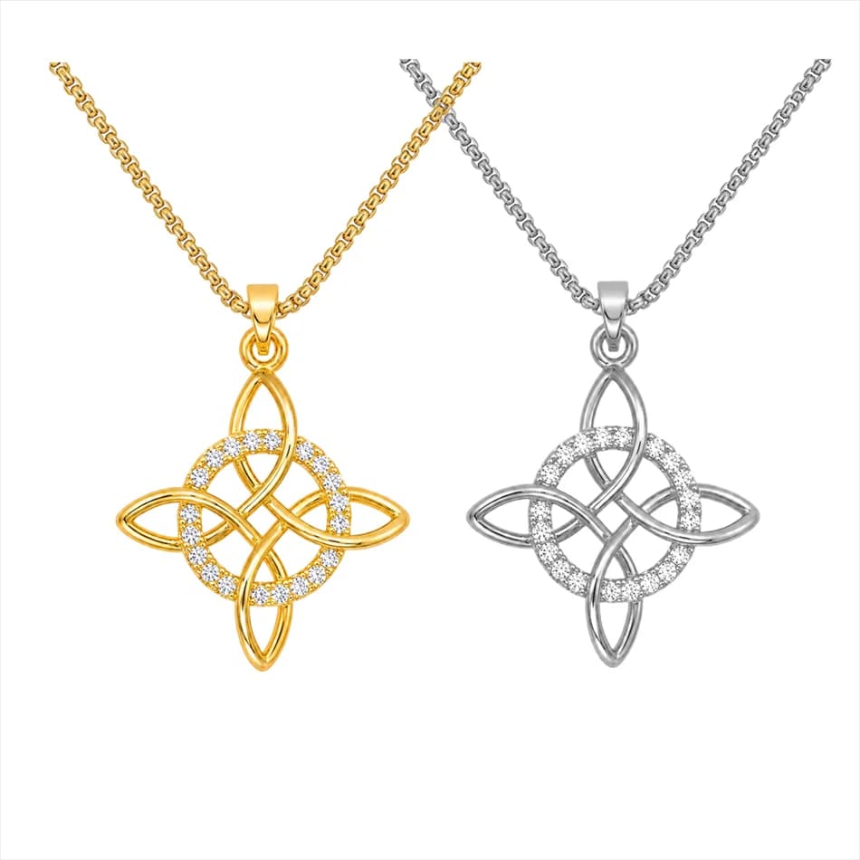 Witch Knot Pendant Necklace Stainless Steel Chain CZ Celtic 4 Elements Protection Amulet Retro Wiccan Gothic Women Men Jewelry