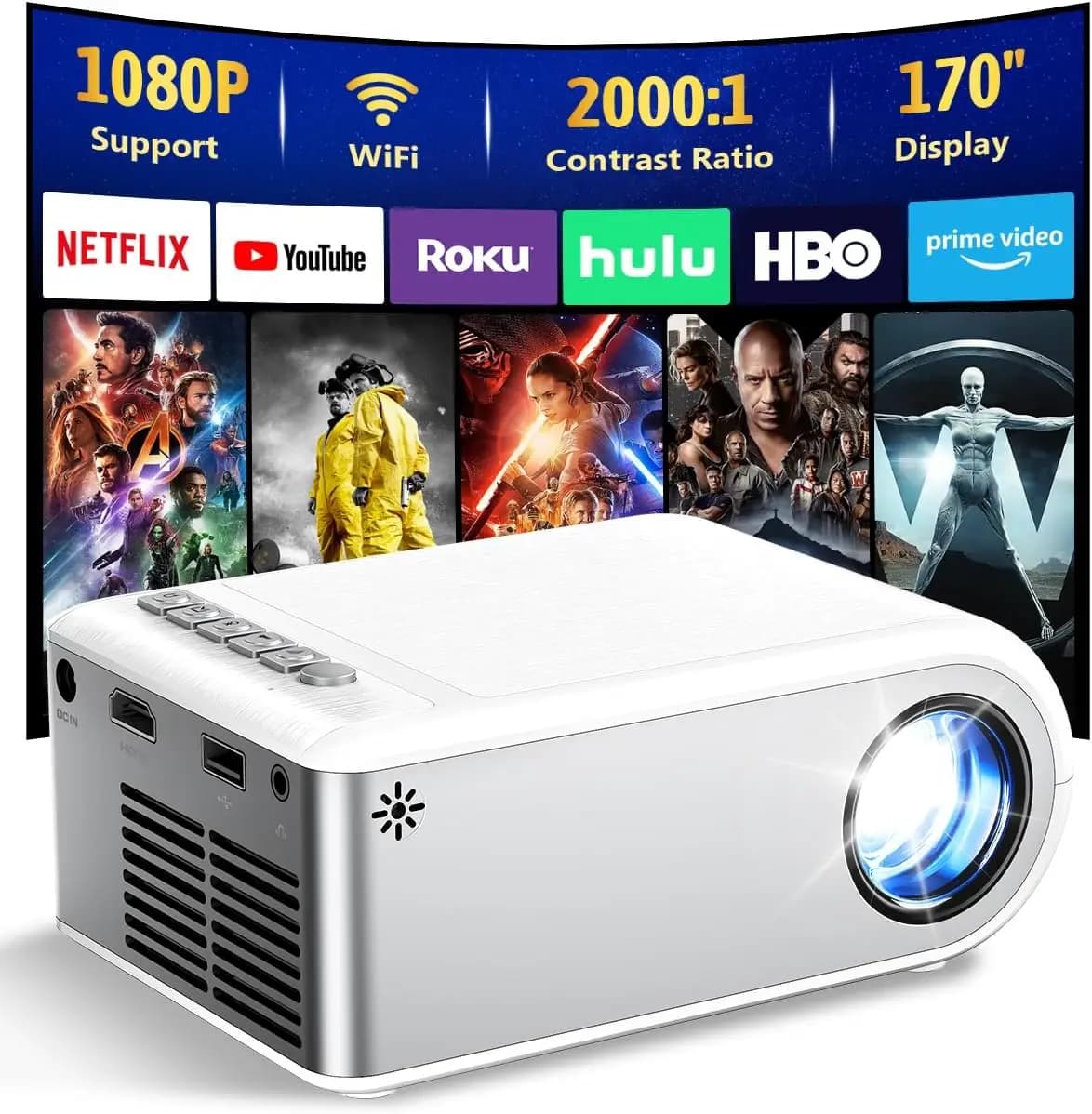 Mini Proiettore Portatile WiFi Bluetooth, 1080P HD per iPhone Android PC TV Stick HDMI, Cinema Domestico e all'Aperto