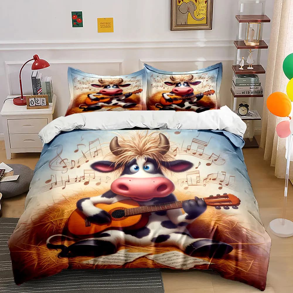 Cartoon cow playing guitar pattern Duvet Cover Set with 3D Printing Design Soft Polyester Bedding Set All-Season Comfort