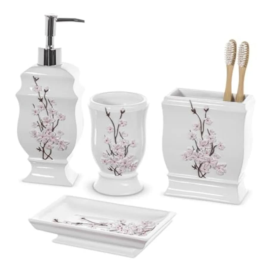 Set da Bagno Vanda - Bianco Fiori di Ciliegio, Set di 4 Accessori Floreali con Dispenser per Lozione, Portaspazzolino e Tumbler