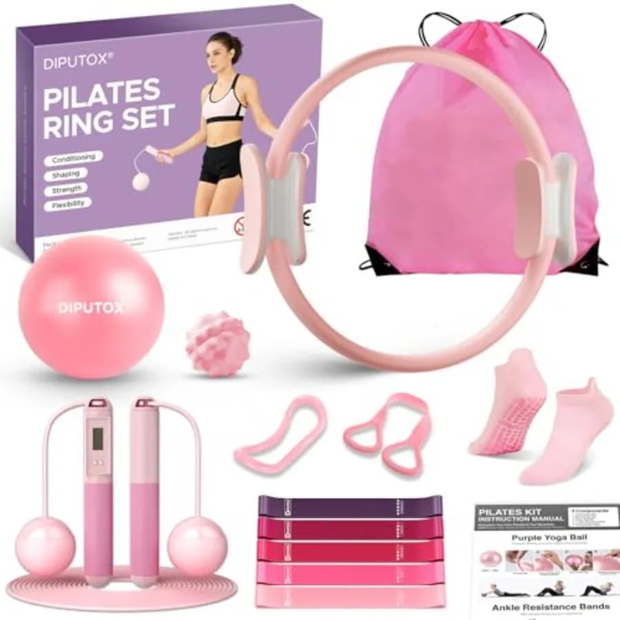 Kit Anello Pilates per Donne, Set per Allenamento a Casa con Cerchio Magico, Mini Palla per Esercizi, Fasce di Resistenza per Caviglie, Calzini Yoga in Nero