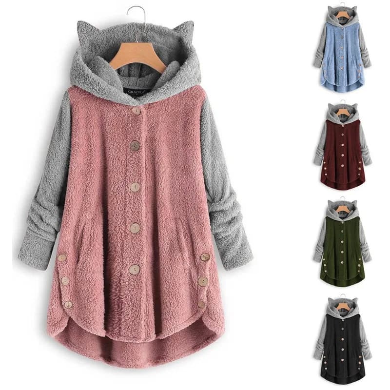 Soffice cappotto con cappuccio donna autunno inverno felpe con cappuccio in peluche femminile Kawaii orecchie di gatto cappotti a maniche lunghe femminile caldo bottoni Casual top