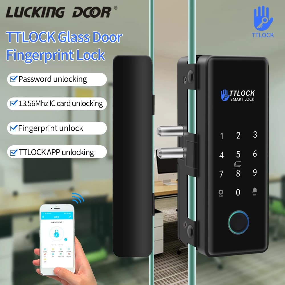 Bluetooth TTLOCK APP Sblocco Controllo Smart Serratura per porta in vetro Elettronica biometrica Impronta digitale Serratura elettrica Password 13,56 Mhz RFID
