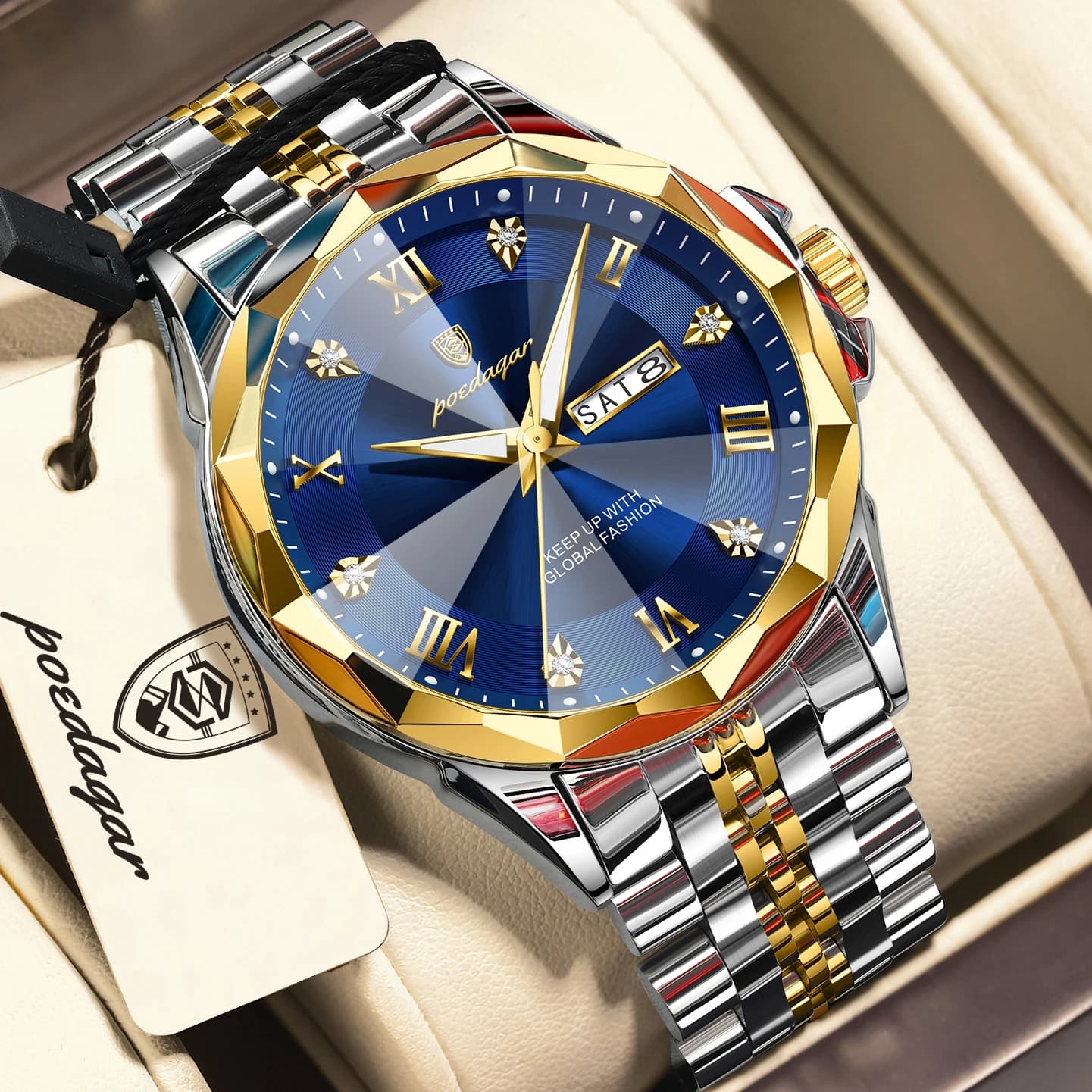 POEDAGAR Top Business Men Watch Original Waterproof Luminous Date Week Man Wristwatch Stainless Steel Quartz Men's Watches Reloj