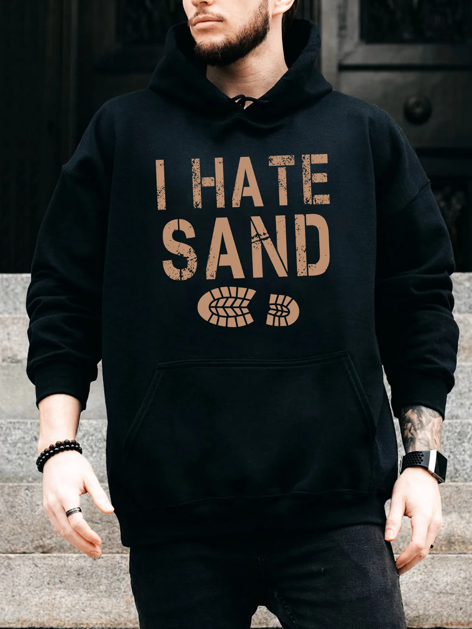 Felpa con cappuccio da uomo con coulisse I Hate Sand - Pullover nero casual e confortevole, felpa con cappuccio autunno e inverno