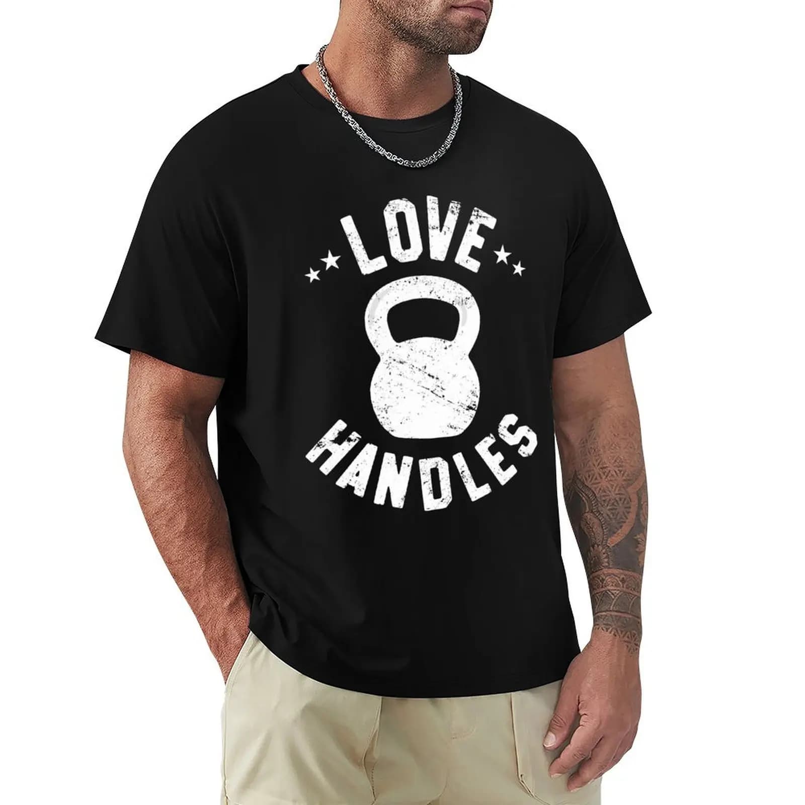 Divertente maglietta con stampa Kettlebell Love Handles per fitness e palestra, maglietta casual a maniche corte per tutti i giorni