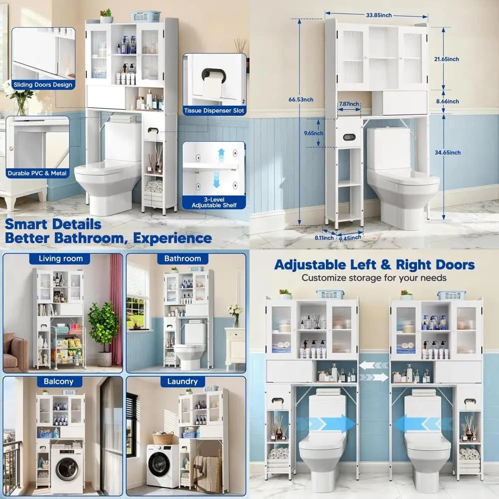 Mobiletto per WC salvaspazio con ante scorrevoli per fienile, ripiani regolabili e porta carta igienica per bagno, bianco
