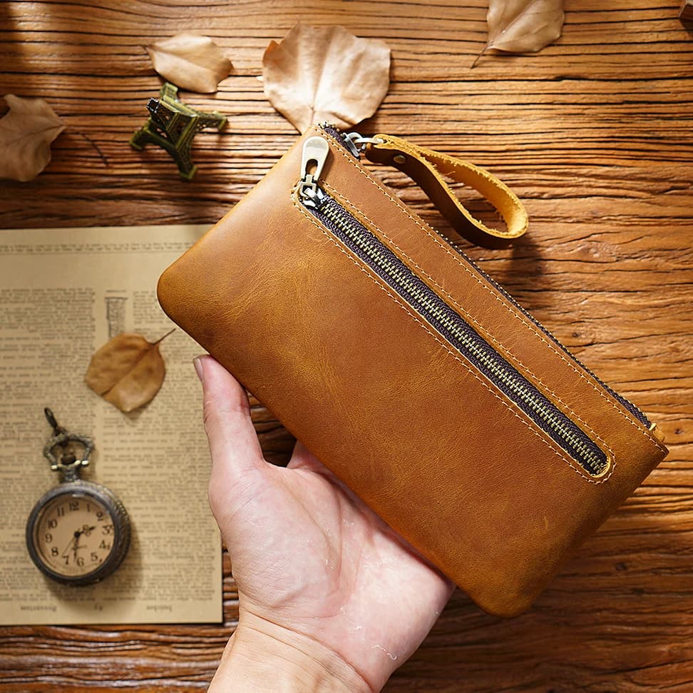 Genuine Vintage Top-Grain Leather Pen Case - Large Capacity Zippered Organizer Pouch, Portable Minimalist Handheld Stationery In