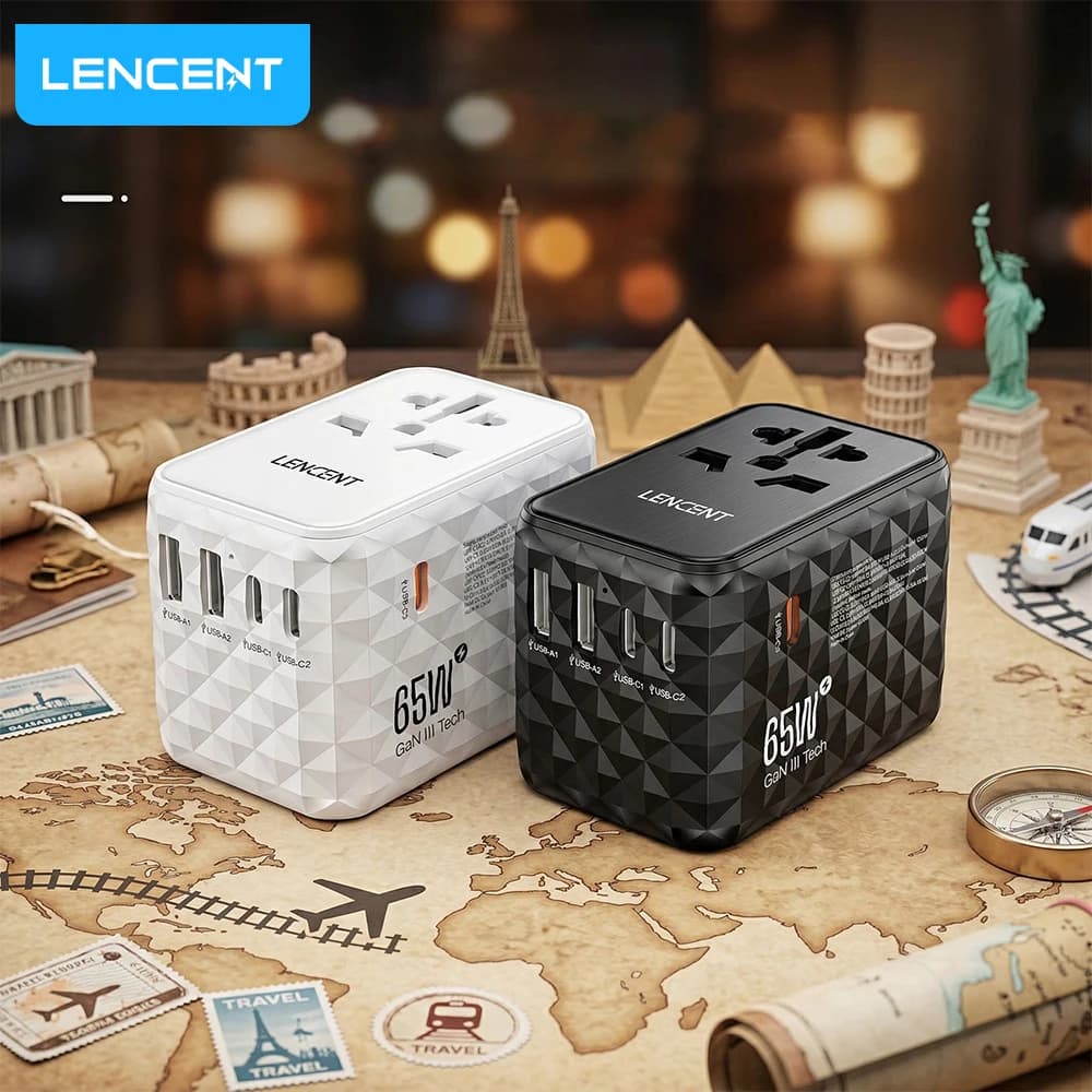 LENCENT Adattatore da viaggio universale GaN da 65 W con 2 USB-A+3 Tipo C Adattatore di alimentazione a ricarica rapida Spina UE/Regno Unito/USA/AUS per i viaggi