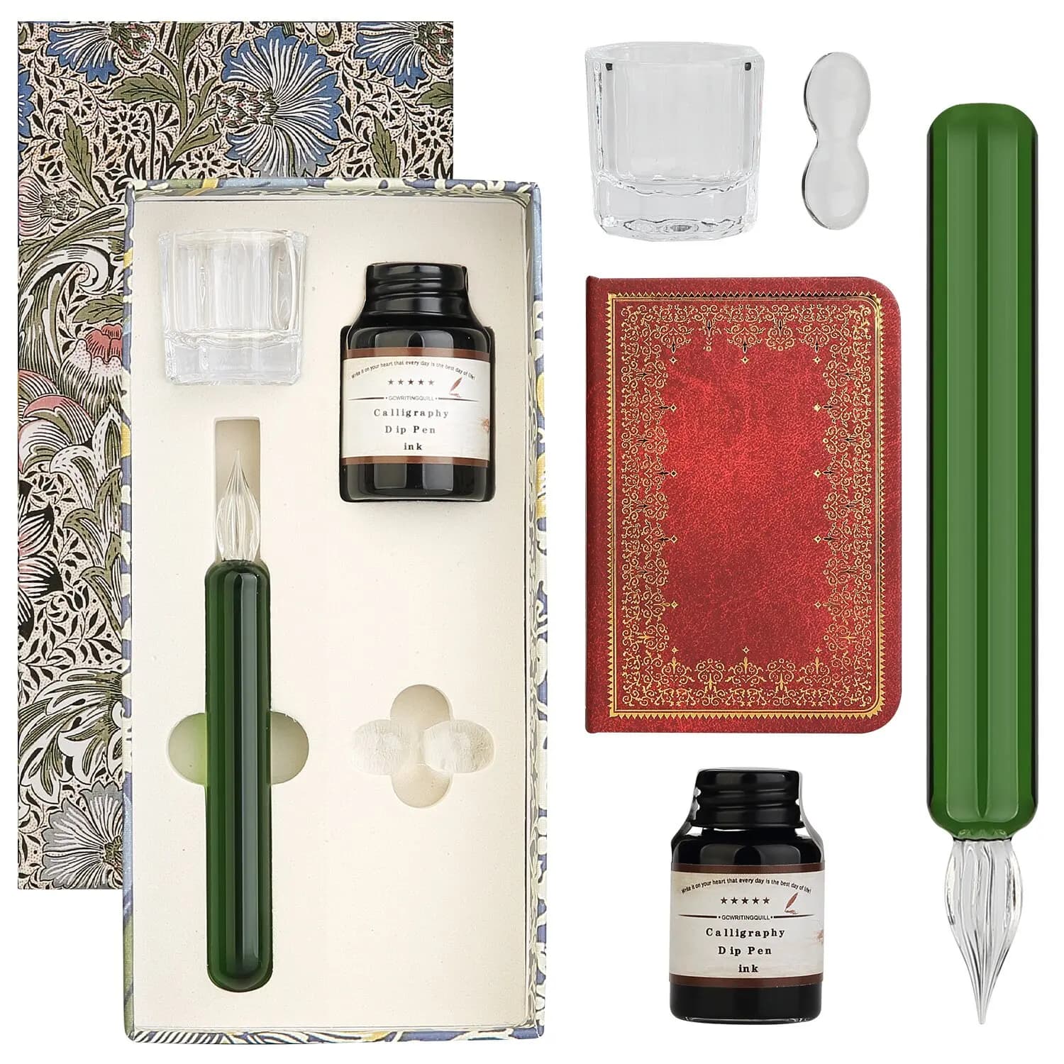 Glass Dipped Crystal Calligraphy Pen Set with 1 Colorful Ink, 1 Pen Holder, 1 Cleaning Cup, 1 Mini Notebook, for Beginners